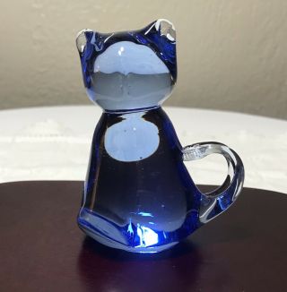 Vintage Art Glass Cat Cobalt Blue Hand Blown Curly Tail 3.  75 " Figurine Kitten