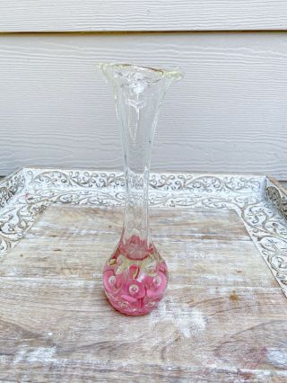 Joe St Clair Bud Vase Art Glass Paperweight Pink Flowers Controlled Bubbles