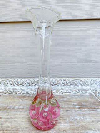 Joe St Clair Bud Vase Art Glass Paperweight Pink Flowers Controlled Bubbles 2