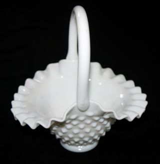 Vtg Fenton Art Glass Hobnail Basket White Milk Glass Candy Dish Ruffled Edge 7”