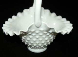 Vtg Fenton Art Glass Hobnail Basket White Milk Glass Candy Dish Ruffled Edge 7” 2