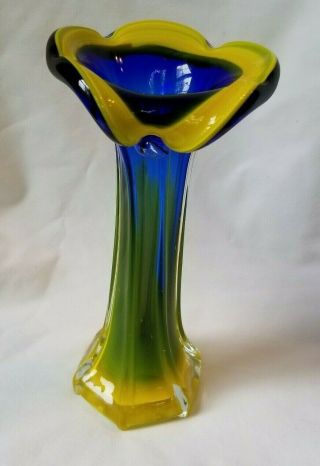 Murano Style Jack In The Pulpit Lily Cased Art Glass Vase 8 " Tall Blue Yellow