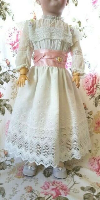 Antique Cotton & Lace Dress For French Bru Or German Doll 24 - 27 “ Tall