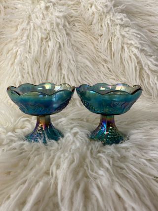 Blue Carnival Glass Grape Harvest Tapered Candle Holders