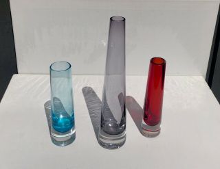 Whitefriars (red) And Aseda Borgstrom Chimney Glass Vases In Lilac And Blue.