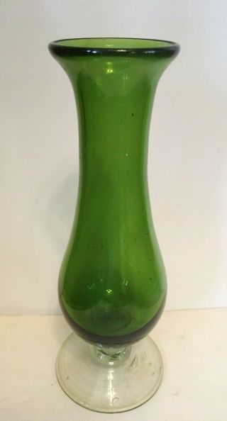 Vintage Green Depression Glass Vase 9” Tall With Clear Base