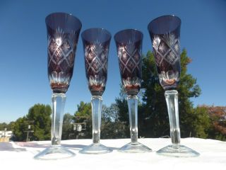Ajka Purple Cut to Clear Crystal Champagne or Wine FLUTE Glass Set of 4 2