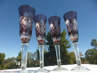 Ajka Purple Cut to Clear Crystal Champagne or Wine FLUTE Glass Set of 4 3