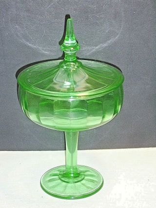 Green Uranium Depression Glass Lidded Optic Paneled Candy Dish Compote