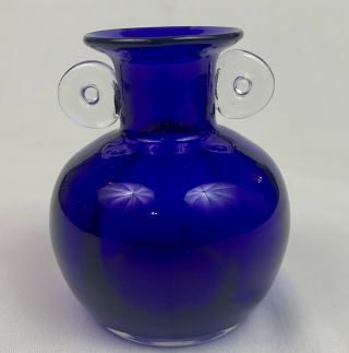 Vintage Hand Blown Art Cobalt Blue Glass Sml.  Urn Vase With Clear Glass Handles