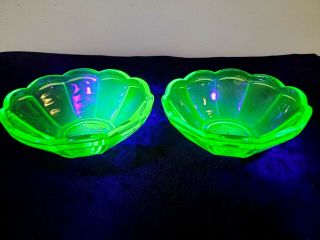 Set Of 2 Dessert Dishes / Bowls Vintage Green Uranium Depression Glass