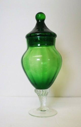 9.  0 " Circus Top Apothecary Glass Jar With Pedestal.  Green With Lid 4 Inches Wide