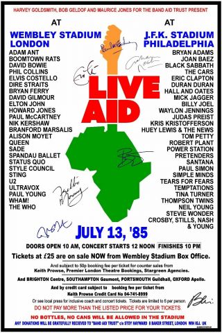 Live Aid 1985 " Signed " Box Office Concert Poster Paul,  Bowie,  Mercury,  Nash,