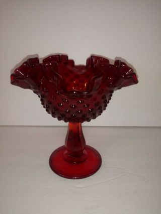 Fenton Ruby Red Hobnail Ruffled Top,  Compote Glassware,  Candy Dish 6 In.