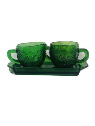 Vintage Emerald Green Pressed Glass Sugar Bowl,  Creamer With Tray