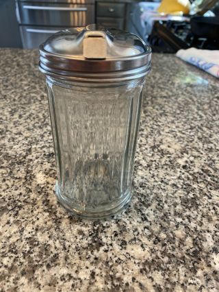 Vintage Farmhouse Clear Ribbed Glass Sugar Shaker Dispenser Metal Lid Exc Cond