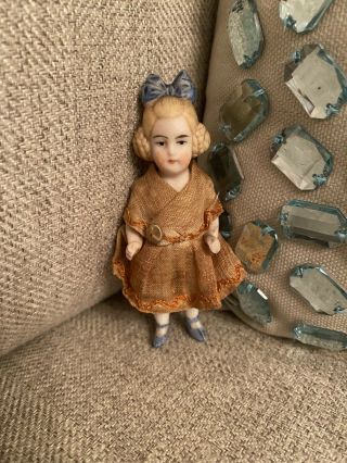 Rare All Bisque 3.  5” Antique German Dollhouse Doll Molded Hair Buns
