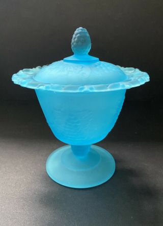Vintage Indiana Glass Blue Frosted Satin Candy Dish Compote Grape Pattern