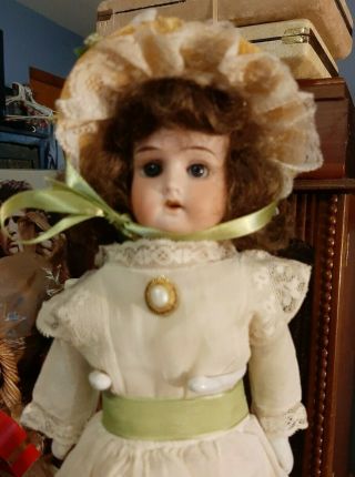 Antique 14 Inch Am " Mabel " Doll In Antique 2 - Piece Dress And Decorated Bonnet