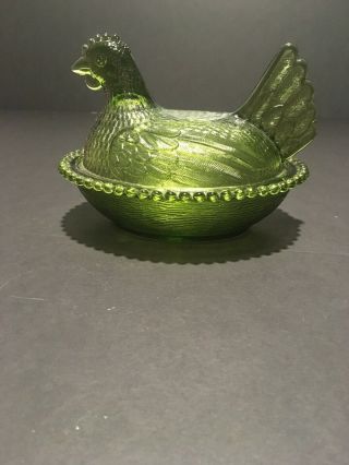 Vintage Indiana Chicken Hen On Nest Glass Green No Cips Or Cracks Candy Dish