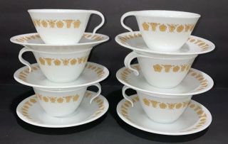 Vtg Corelle Gold Butterfly Flower Pyrex Hook Handle Cups Mugs & Saucers Set Of 6