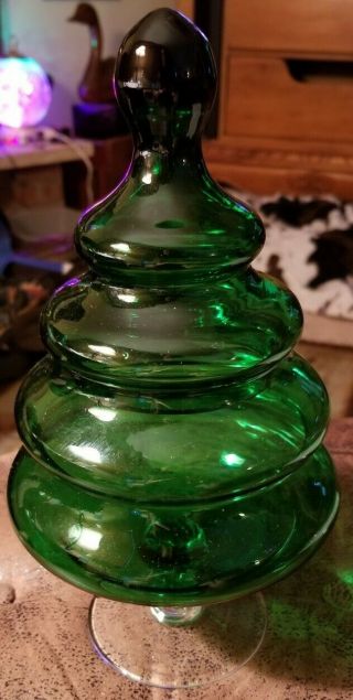 Vintage Glass Green Christmas Tree Candy Dish 10 " Tall