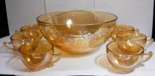 Vintage Iridescent Marigold Carnival Glass Egg Nog Punch Bowl & 6 Cups