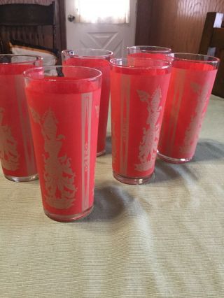 1960 Mid Century Culver Red Gold Siam Thai Goddess Drinking Glasses Tumblers