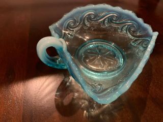 Vintage Aqua Colored Pressed Glass Candy Dish,  Ruffled Edge Swirls