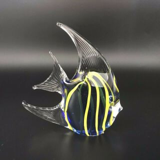 Hand Blown Art Glass Angel Fish Paperweight Cobolt Blue Yellow Stripes 4 1/2 "