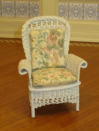 Lee Mccurley Wicker Armchair W/ Floral Upholstery - Artisan Dollhouse Miniature