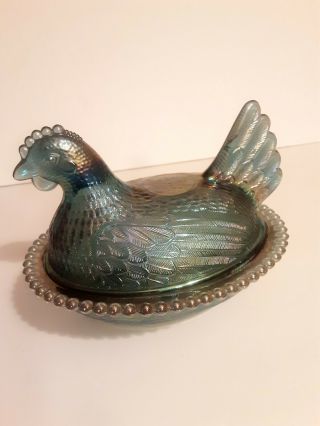 Vintage Blue Iridescent Indiana Carnival Glass Chicken On A Basket