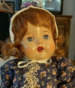 Antique 20 - Inch Composition Doll In Floral Dress W/ Antique Lace & Decorated.