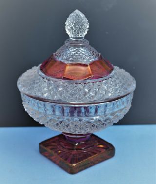 Vintage Pressed Glass Diamond Pattern Square Footed Candy Dish Compote