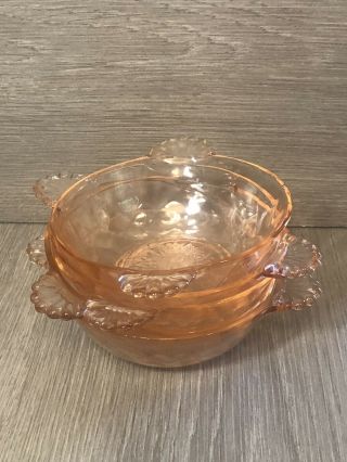 4 Pink Optic Depression Glass Dessert Berry Bowls Scalloped Handles (005)