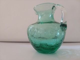 Vintage Pitcher Miniature Crackle Glass Mid Century Hand Blown Sea Green