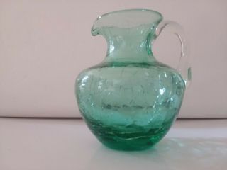 Vintage Pitcher Miniature Crackle Glass Mid Century Hand Blown Sea Green 2