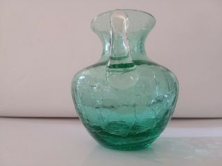 Vintage Pitcher Miniature Crackle Glass Mid Century Hand Blown Sea Green 3