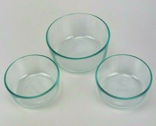 Set Of 3 Pyrex Round Clear Glass Storage Bowls 2 - 2 Cup 7200 & 1 - 1 Qt 7201