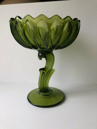 Vintage Indiana Glass Green Carnival Lotus Blooming Pedestal Flower Candy Dish