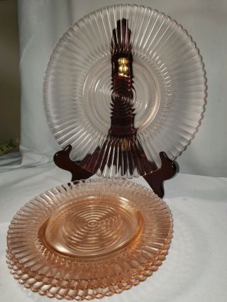 Vtg Pink Depression Glass Lg Serving Platter & 4 Sandwich Plate Ribbed & Circles