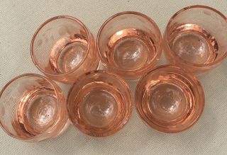(6) Vintage Pink Depression Glasses Etched Floral Mini Cordial Shot Glasses