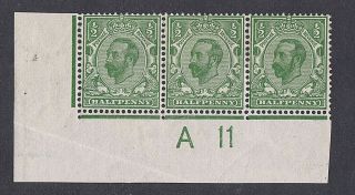 Kgv 1911 Downey Head 1/2d Green Die 1b Control A11 Strip Of Three M/m