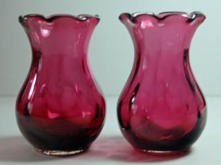 Two Vintage Pilgrim Art Glass Cranberry Optic Small Vases