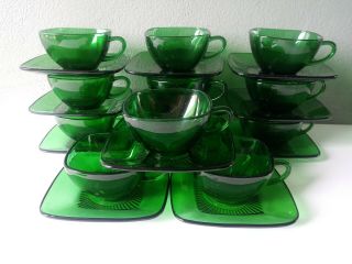 Anchor Hocking - Charm - Forest Green Glass Cups & Saucers - Set Of 12
