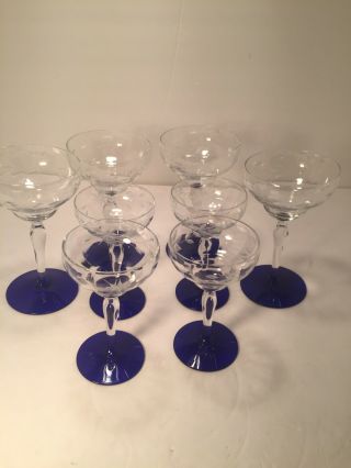 8 - Vintage Champagne Glasses.  Clear Etched With Cobalt Blue Foot Weston?