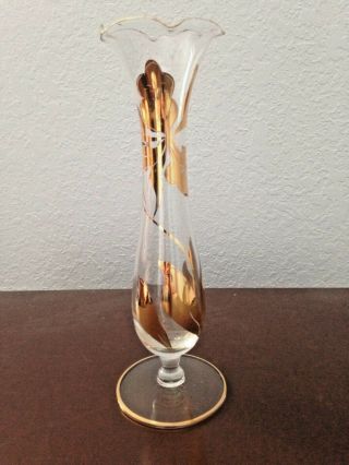 Vintage Fluted Clear Glass Gold Floral Bud Vase With Gold Trim