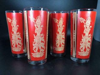 4 Vintage Culver Mid Century Red & Gold High Ball Glasses Thai Goddess
