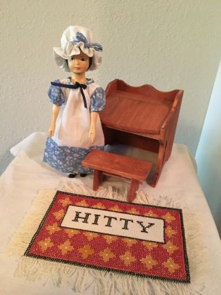 Hitty Doll By Judy Brown.  Hand Carved And Signed By Artist.  With Desk And Rug