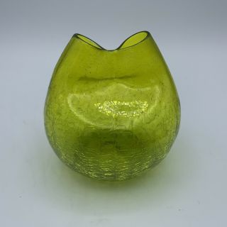 Vintage Blenko Crackle Glass Pinched Green Vase 2